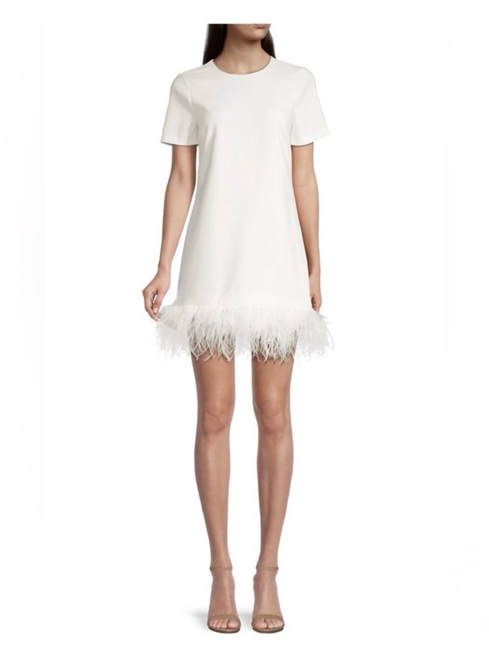 Likely White Ostrich Feather-Hem Mini Dress Size 0 Short Sleeve